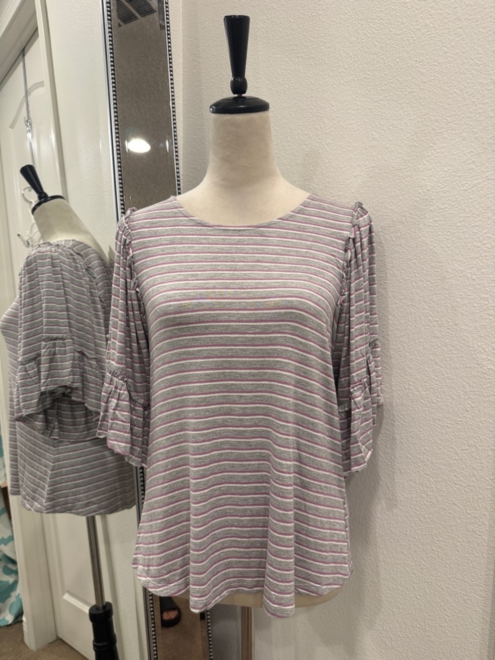 bobeau Gray and Pink Striped Crewneck Top NWT
